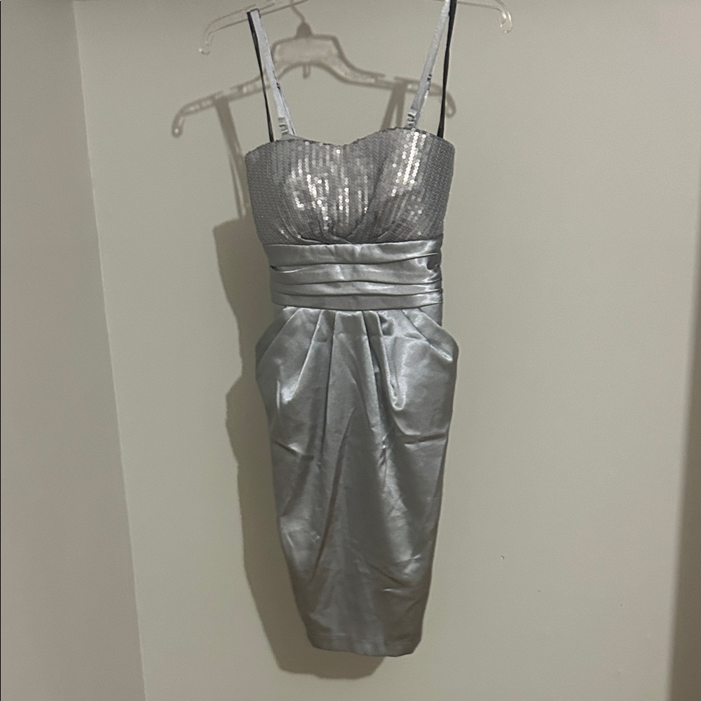 Silver Sequin Bust Satin Pencil Dress - Women's Evening Dress